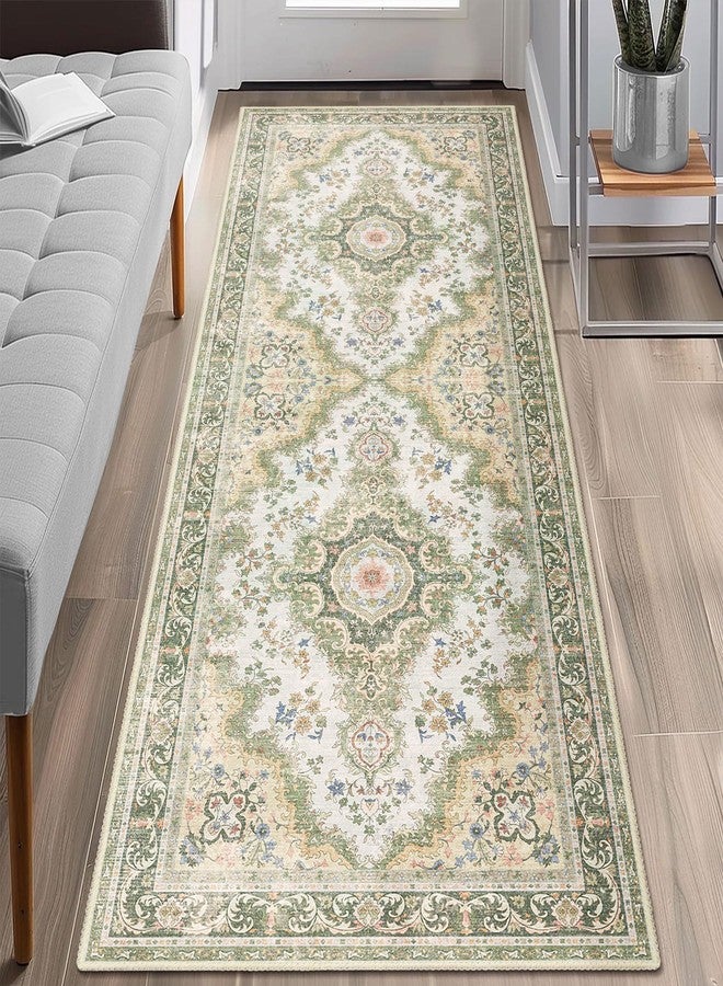Castage Washable Runner Rug 2'x6',Green Rug Runners Non Slip,Long Boho Rugs for Hallways Kitchen Bathroom Bedroom Entryway,Vintage Bohemian Distressed Floor Carpet,Sage Floral - Image 1